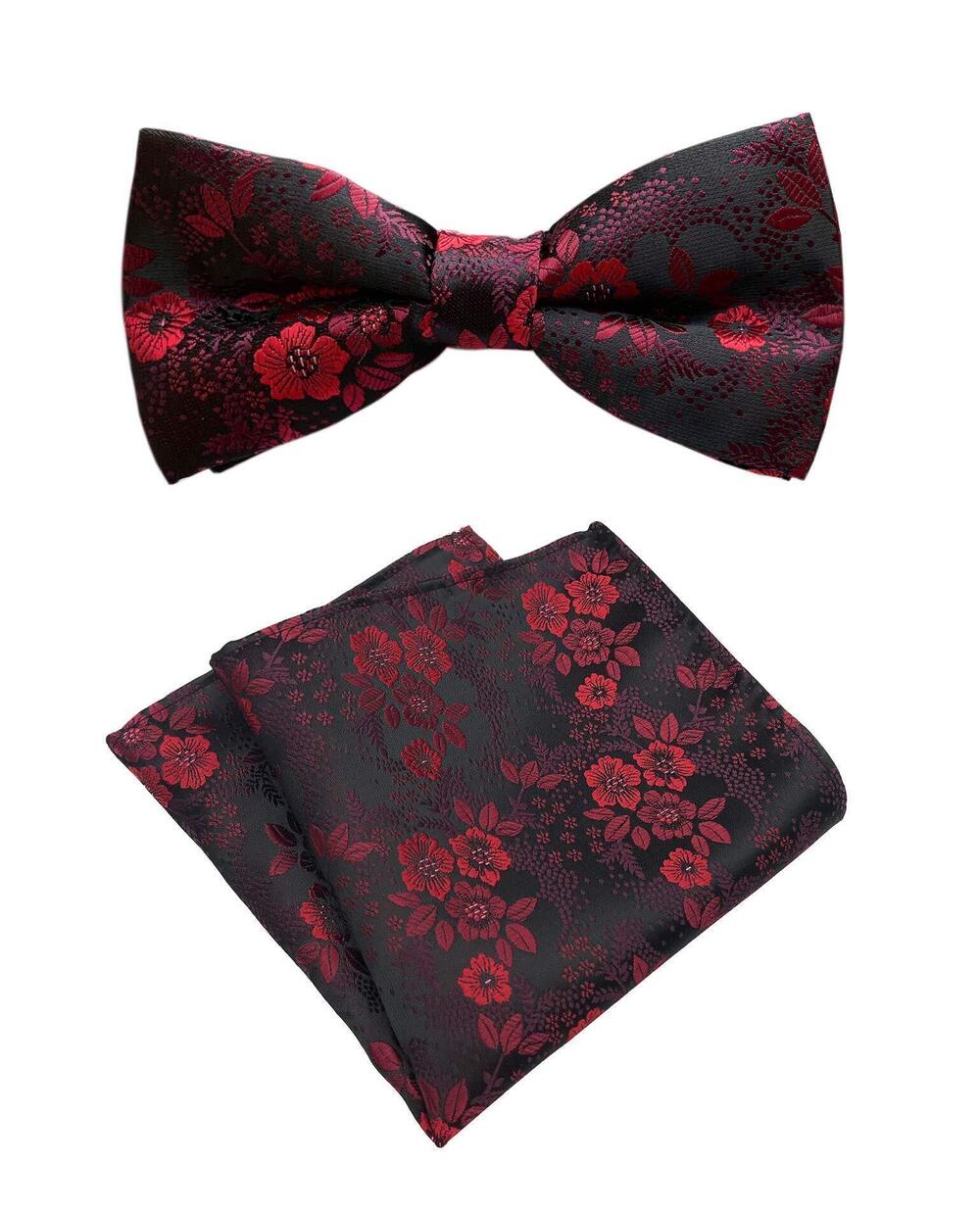 8744 Children Burgundy Red Black Jacquard Woven Silk Bow Tie Pocket Square